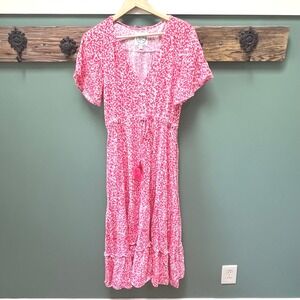 Sunday Mi Amor Red Floral Ditsy Midi Dress Boho Tassel Drawstring‎ Medium